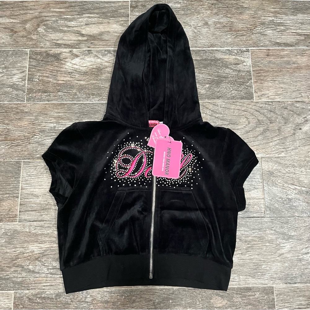 Black Velour Zip Hoodie with Pink 'Doll' Rhinestone Logo